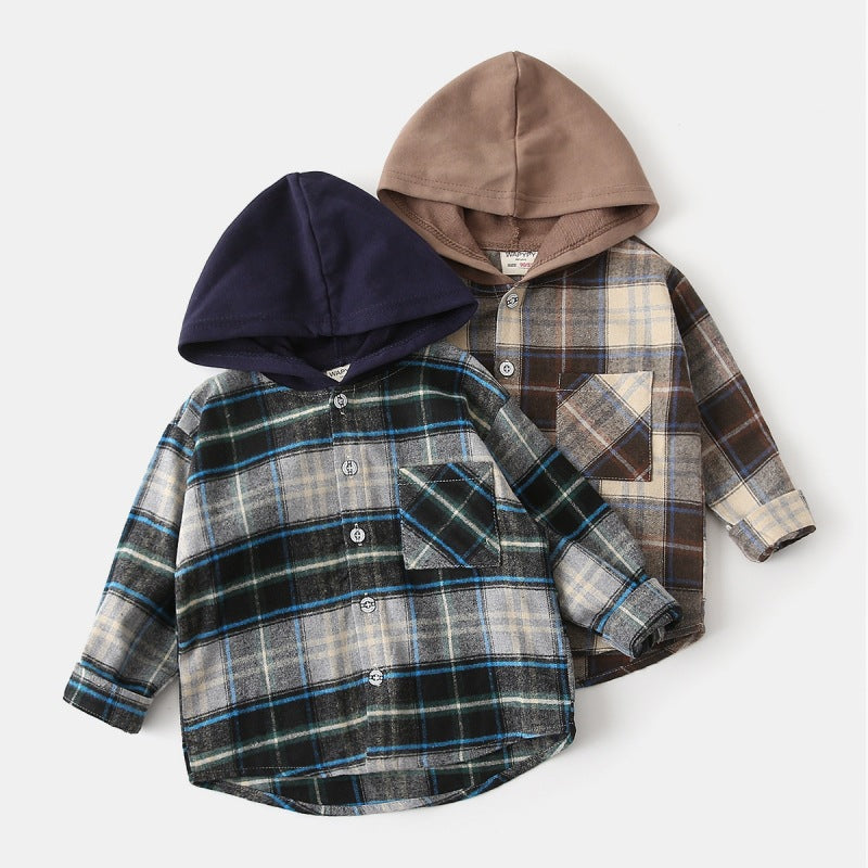 A children's hooded checked shirt