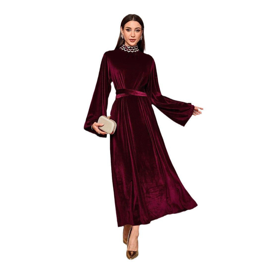 Middle Eastern Muslim Saudi Arabia Embroidered Dress Flared Sleeve Belt Zip Blouse - Mixbatch