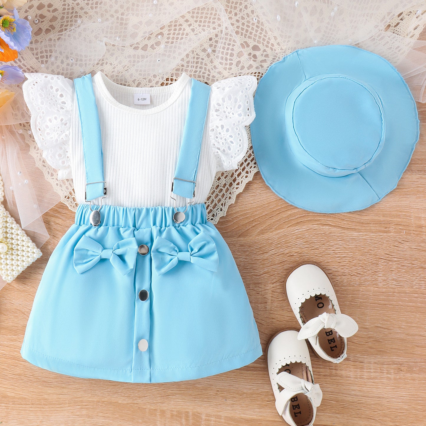 Amazon Spring/Summer New Children's Lace Flying Sleeves Top+Solid Color Strap Short Skirt+Hat Girls' Set - Mixbatch