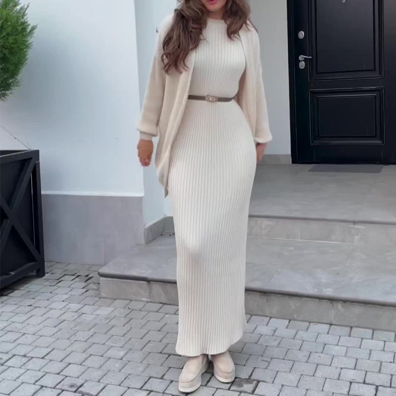 A knitted jacket skirt set with belt