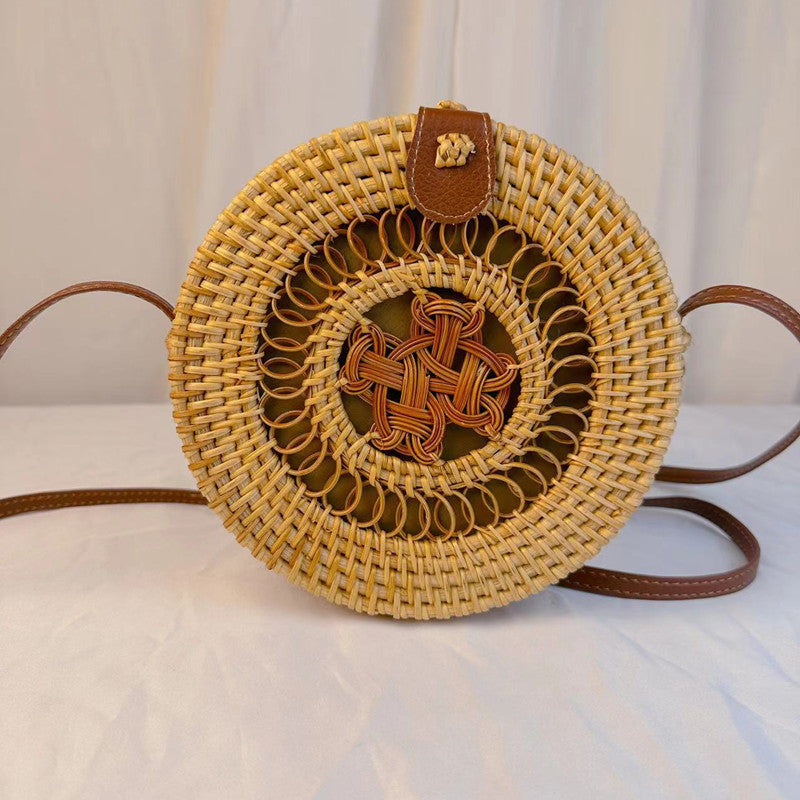 A rattan bag ins diagonal span mini bag Mori basket retro literary woven round bag vacation bucket bag leather buckle bag