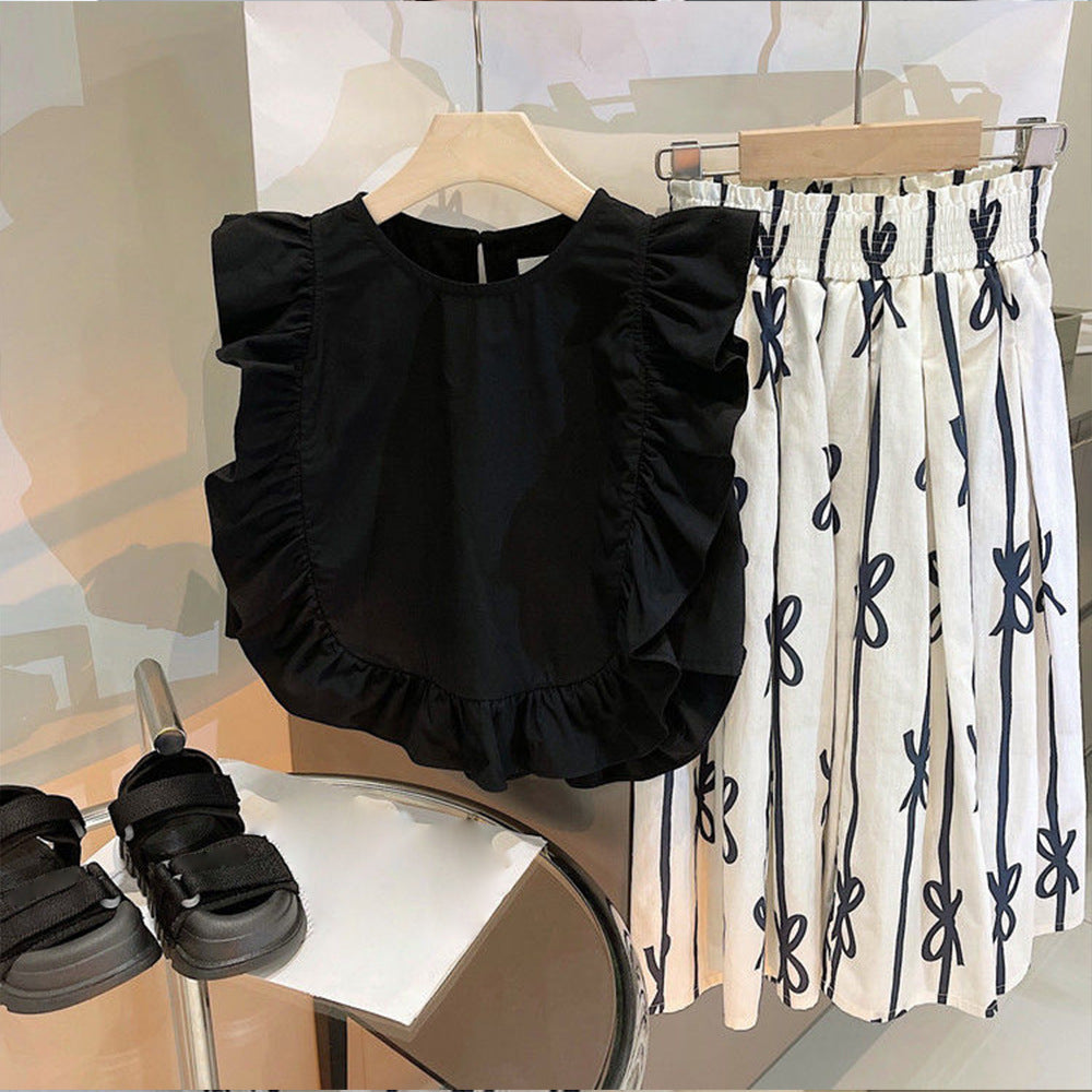 A Korean version of the girl doll shirt summer new sweet retro Hepburn style flying sleeve elegant simple long skirt set