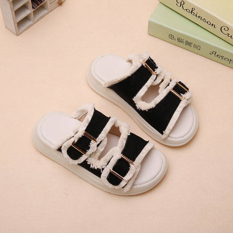 A simple medium and large boys and girls open-toed soft-soled versatile retro niche fringed slippers - Mixbatch