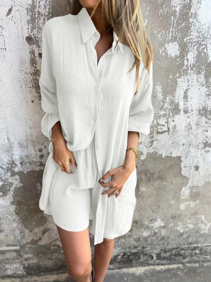 A Cross-border Europe, America, Amazon's new women's clothing casual solid color cotton and linen shorts long-sleeved wrinkled cloth shirt two-piece set