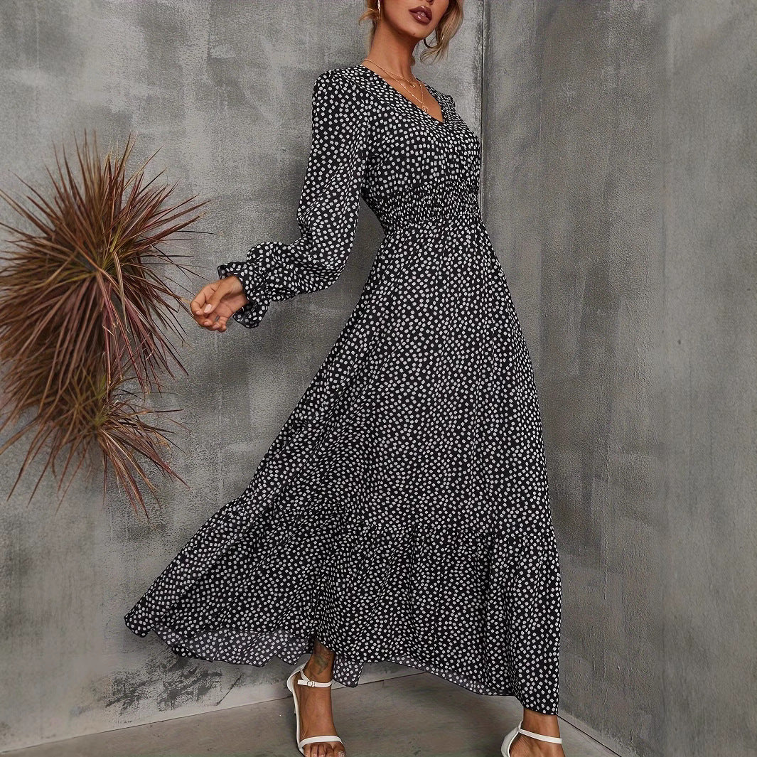 A long-sleeved V-neck dress