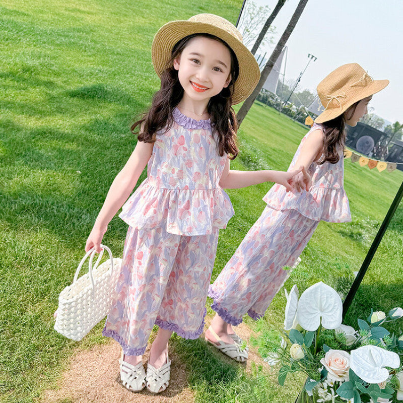 A new baby thin summer vest wide leg pants two-piece set children's fashionable summer wear