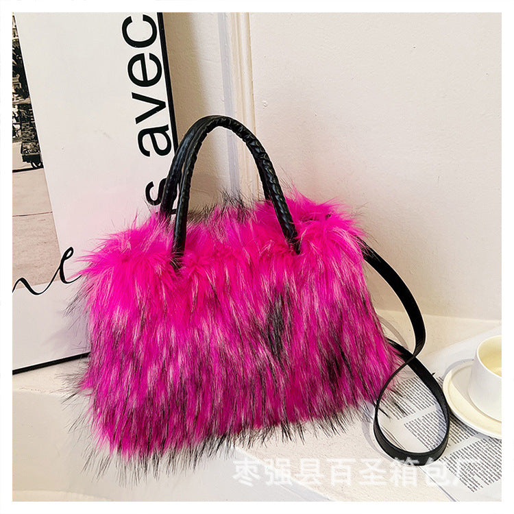 A Plush raccoon fur handbag