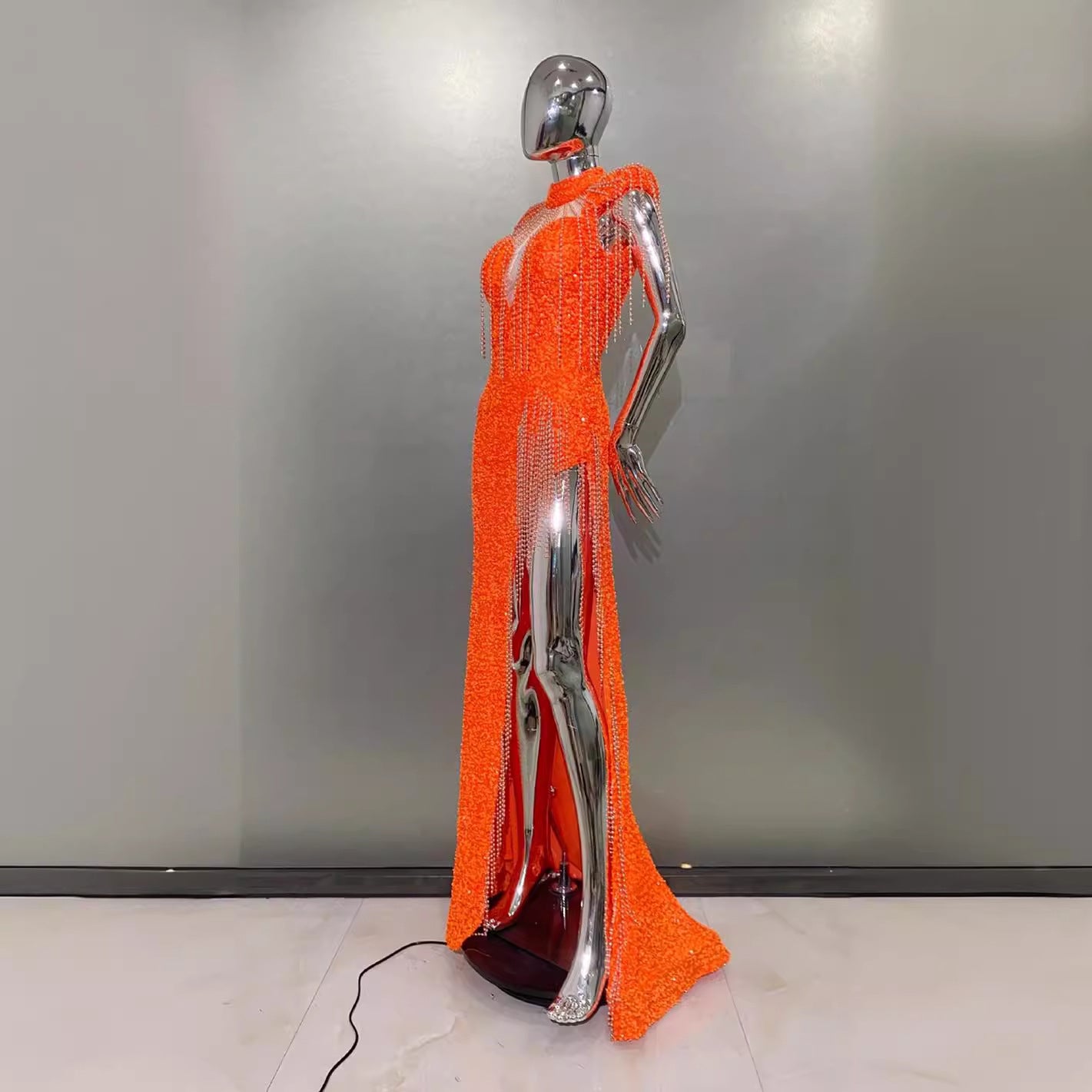 A smart fringe sexy hollow high split orange sequin dress elegant red carpet annual dinner dress