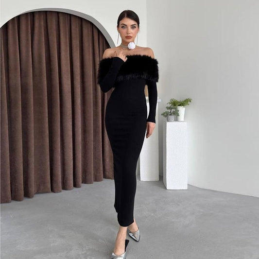 New long dress, fashionable style, elegant one-word shoulder fur collar slim dress - Mixbatch