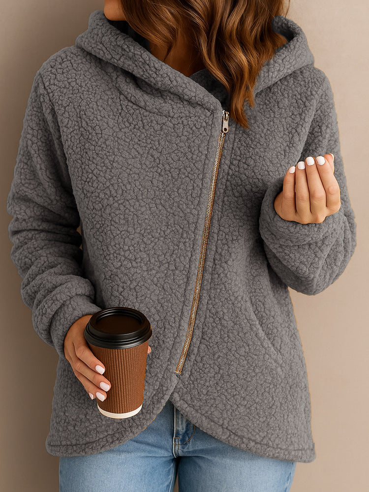 A long-sleeved zip-up hooded jacket