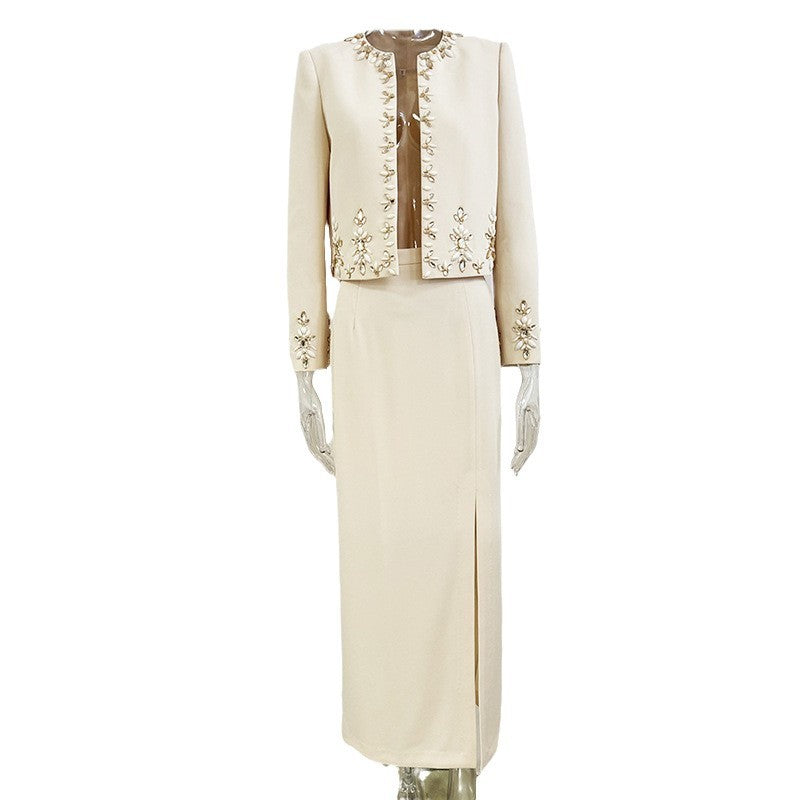 A Heavy Industry Beaded Cardigan Jacket Split Skirt Set, Two-piece Set
