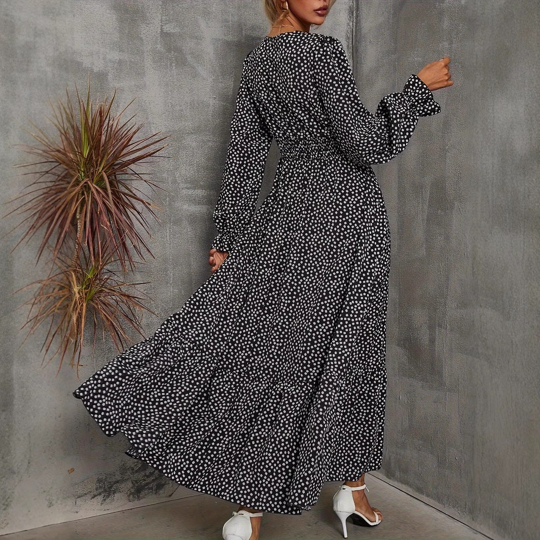 A long-sleeved V-neck dress