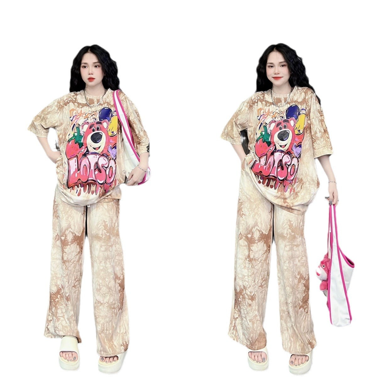 A tie-dye fashion suit women's summer loose cartoon print short-sleeved wide-leg pants casual two-piece set trendy