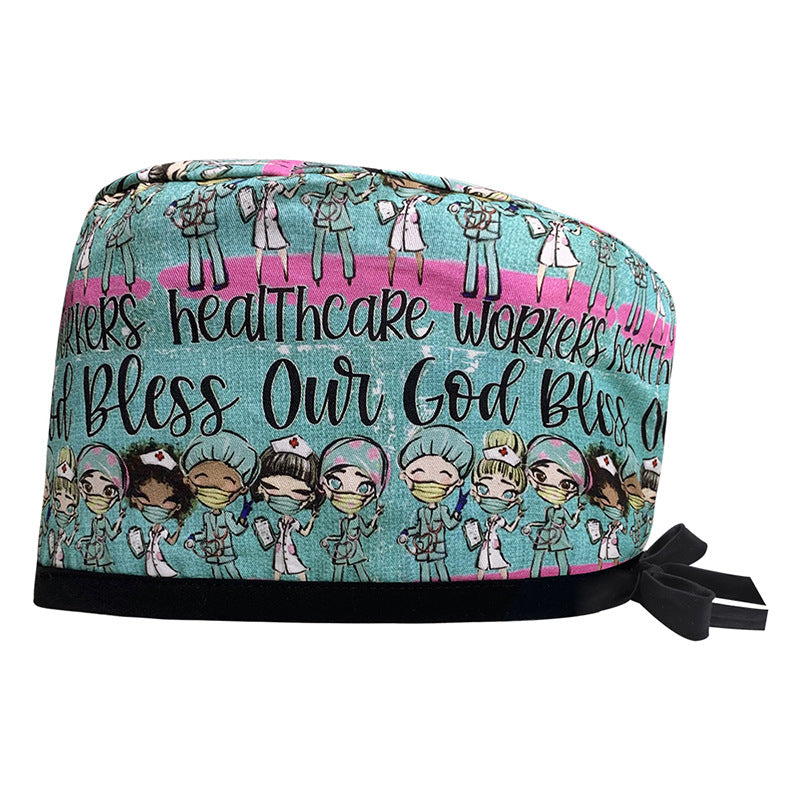 A Cotton Printed Surgical Cap Adjustable Women's Long Hair Baotou Cap Dentist Stomatology Clinic Frosted Cap Men's Foreign Trade