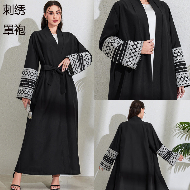 Middle Eastern Muslim Fashion Elegant Cardigan Embroidered Belt Dress Pocket Robe - Mixbatch