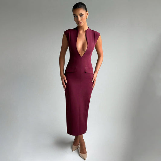 A705DS European and American cross-border 2025 spring new deep V pocket sexy solid color hip-wrapped slim dress women's - Mixbatch