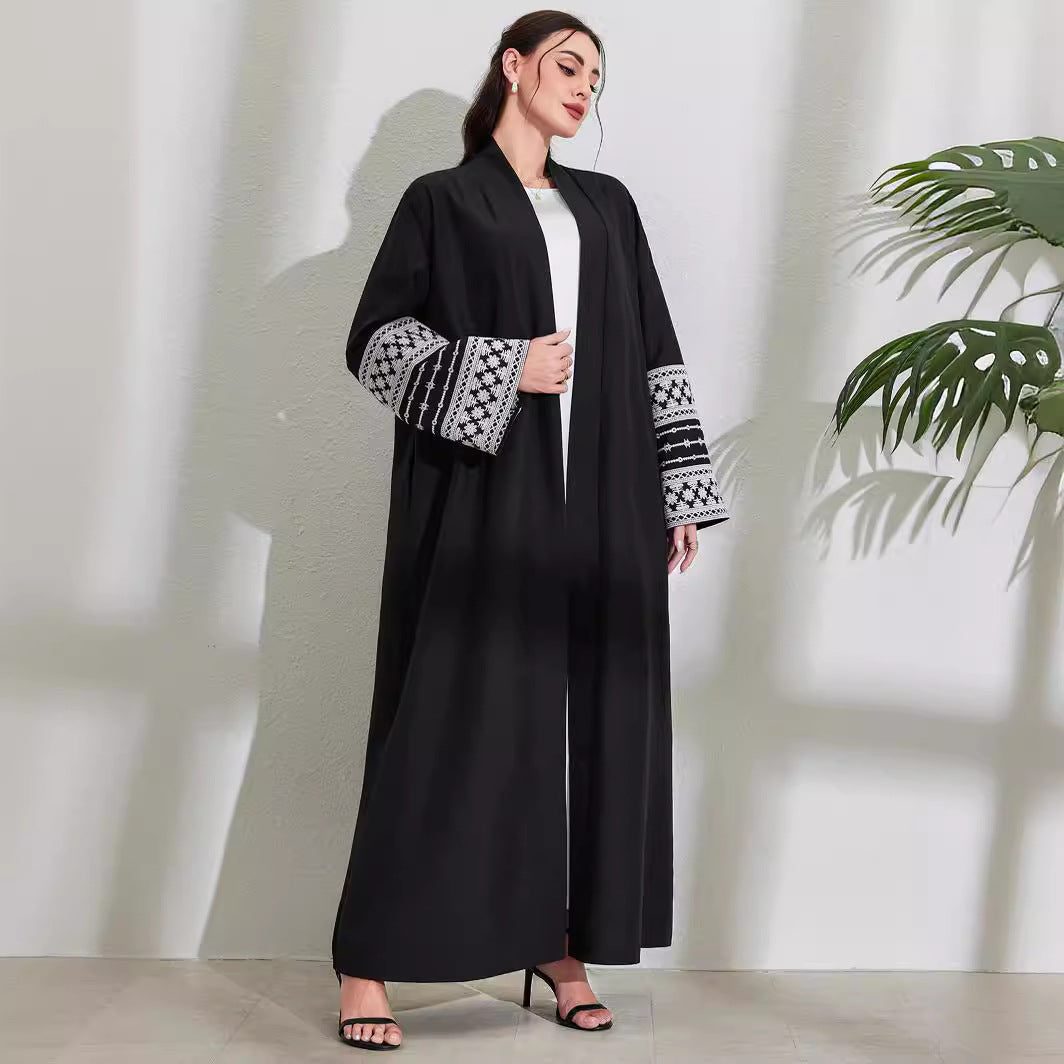 Middle Eastern Muslim Fashion Elegant Cardigan Embroidered Belt Dress Pocket Robe - Mixbatch