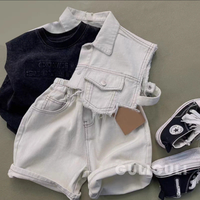 A boys summer denim suit ruffian handsome fried street fashionable loose children's denim shirt thin shorts two-piece set / three-piece set