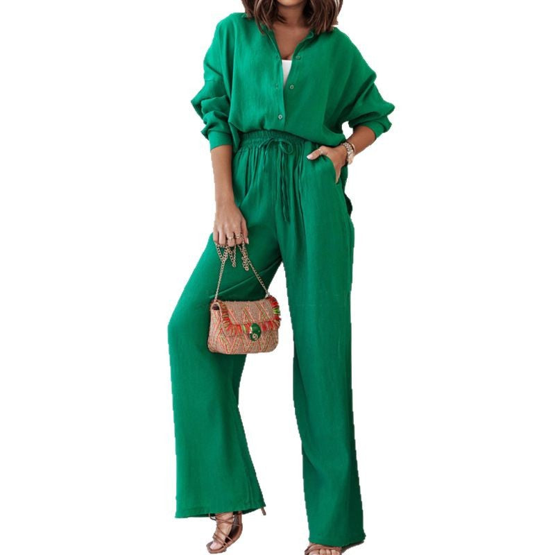 A European and American women's clothing spring new fashion temperament solid color lapel shirt high waist trousers two-piece set women