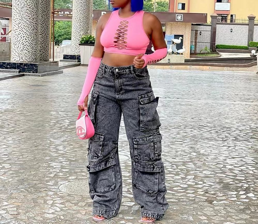 A European and American cross-border jeans, Amazon fashion viral trends multi-pocket large size African jeans overalls