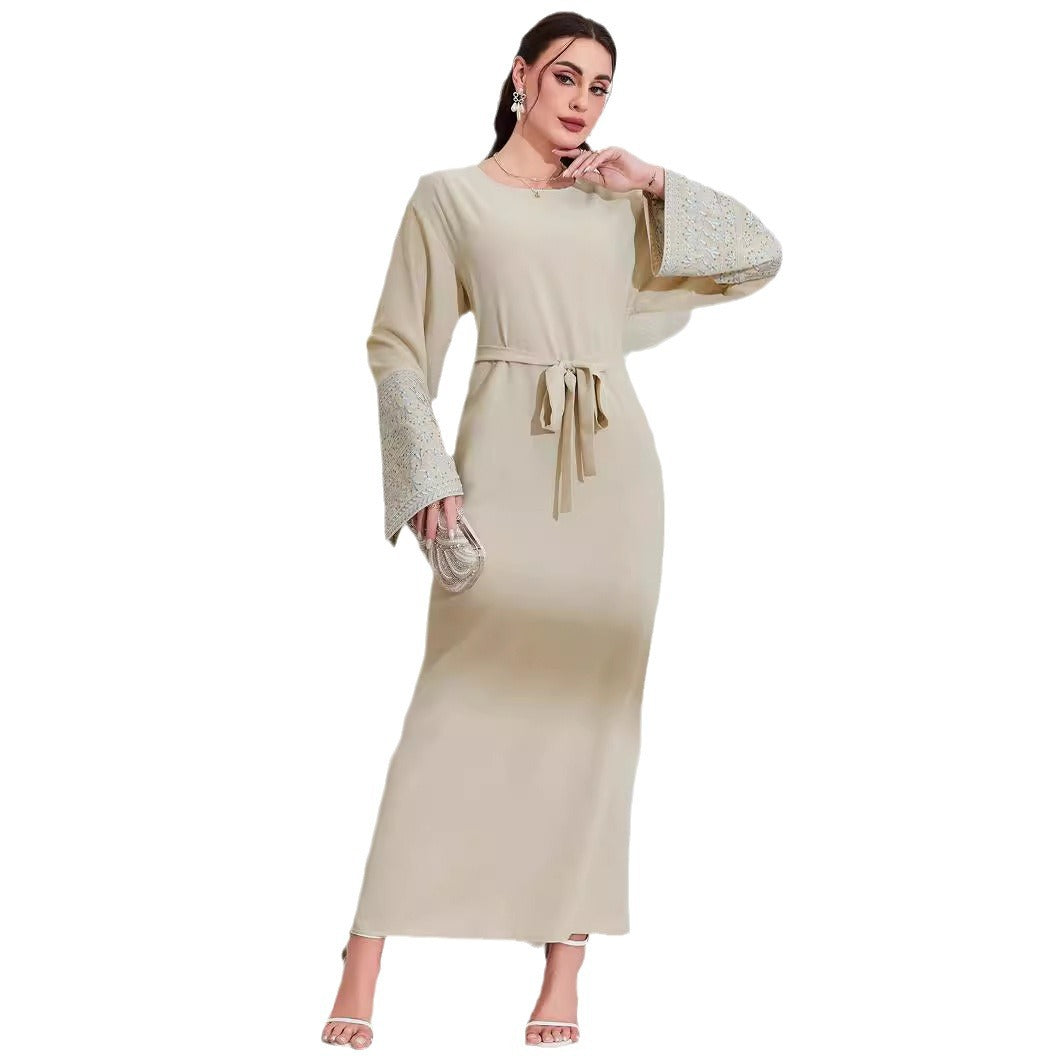 Middle Eastern Muslim Fashion Elegant Cardigan Embroidered Belt Dress Pocket Robe - Mixbatch