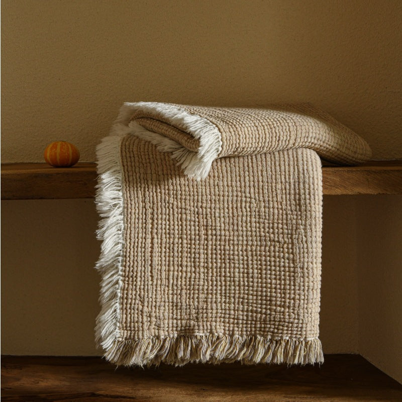 بطانية منسوجة من القطن والكتان مزينة بشرابات