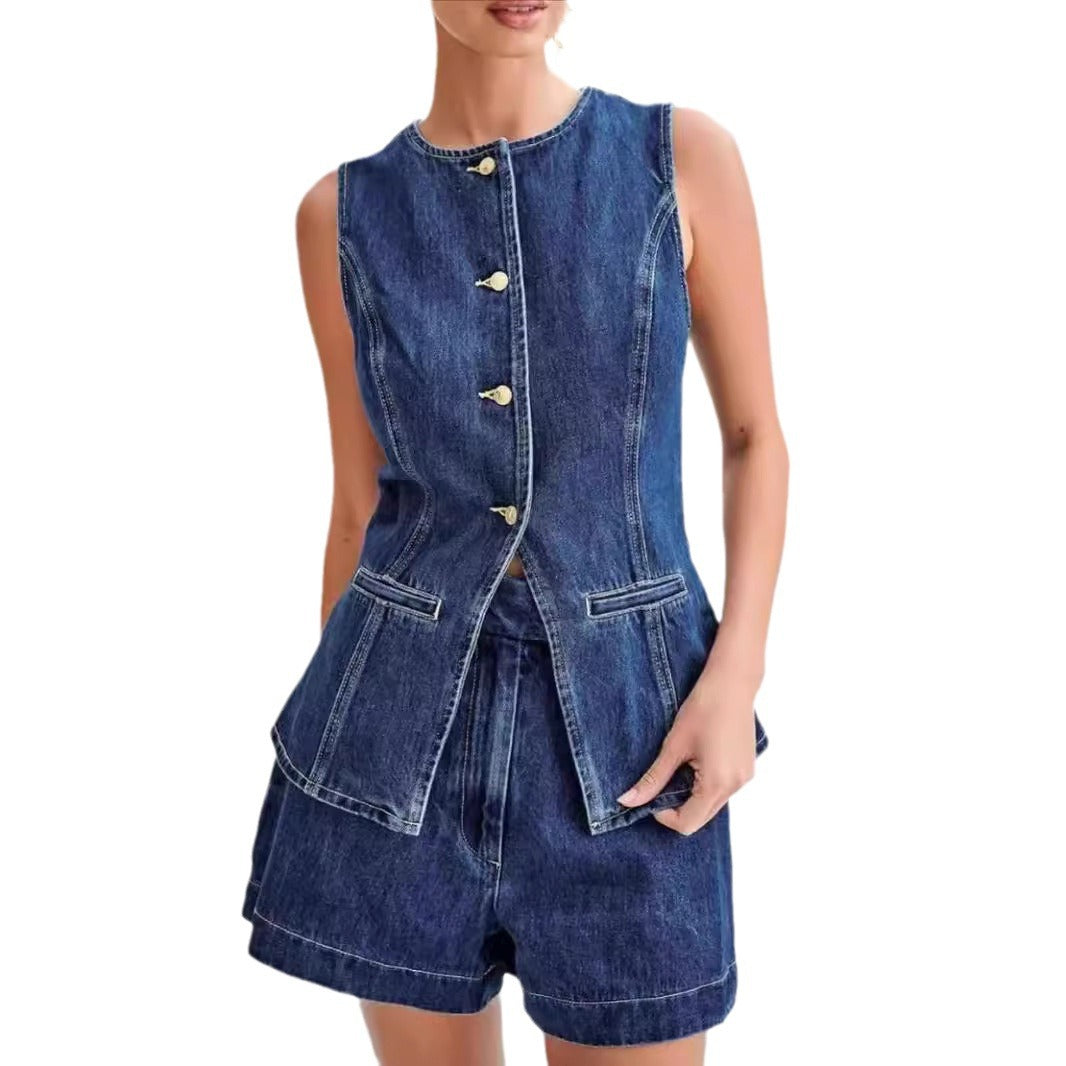 Summer Fashion Sleeveless Casual High Waist Denim Shorts Set - Mixbatch