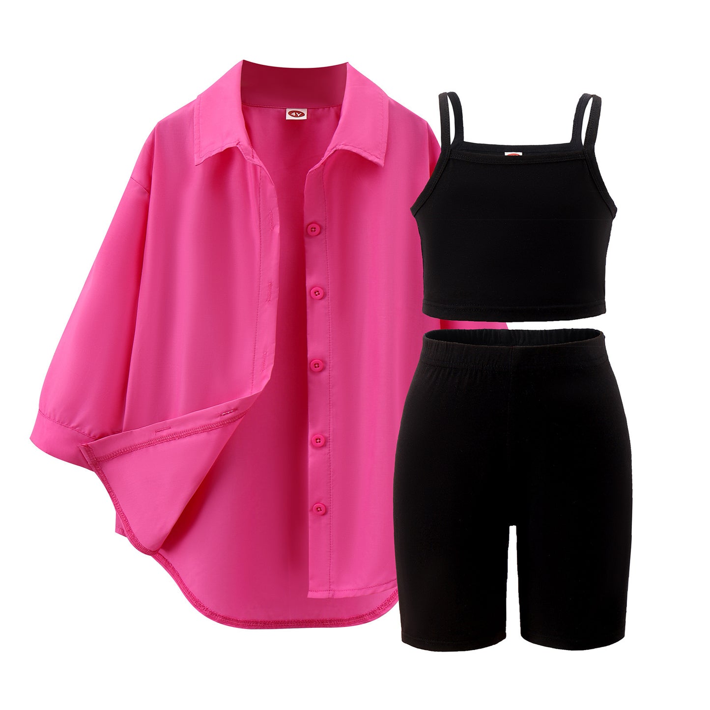 A foreign trade Europe, America, spring and autumn new girls' suit medium and small children's solid color suspender + five-point pants + long-sleeved jacket three-piece set