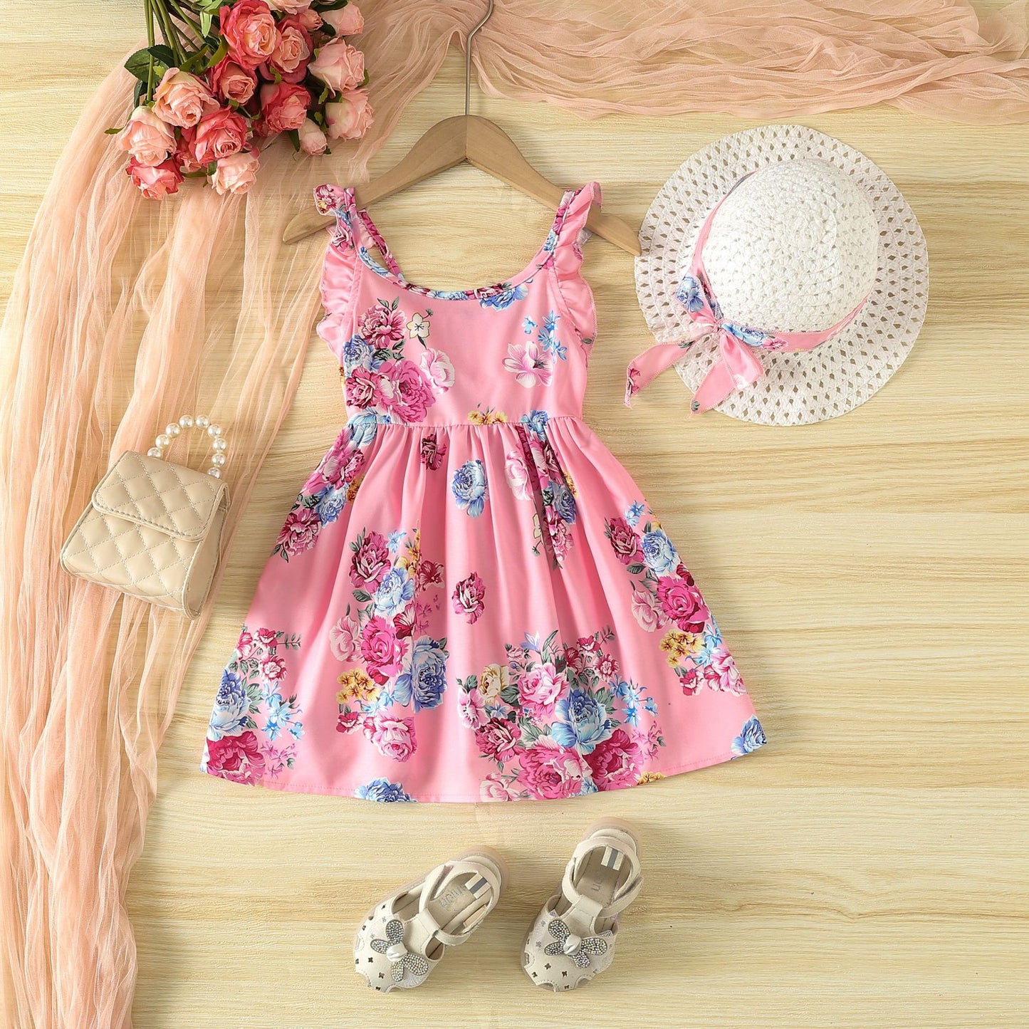 A Kids dress Girls fashion summer dress Korean version sleeveless simple flower print princess dress - Mixbatch