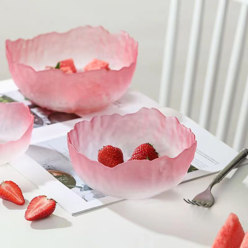 A Creative Japanese Lotus Mist Powder Glass Fruit Salad Bowl Set High Value Dessert Bowl Light Luxury Simple Household Fruit Plate