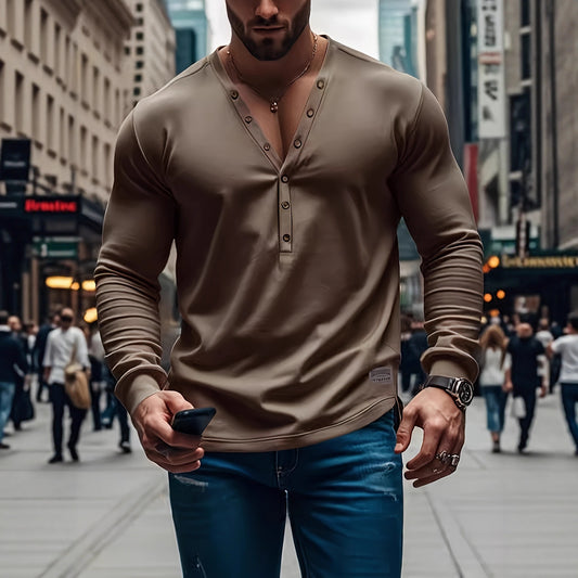 A Men's Spring and Autumn American Solid Color Men's T-Shirt Long Sleeve Casual Bottom Slim Button V-Neck Top