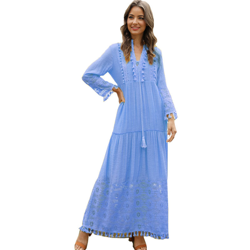 A European and American autumn and winter women's clothing lace splicing fringed bamboo cotton long-sleeved dress