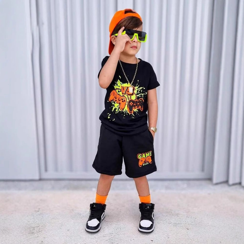 A European, American and foreign trade Amazon summer new hot-selling gamepad printed children's clothing set short-sleeved T-shirt shorts