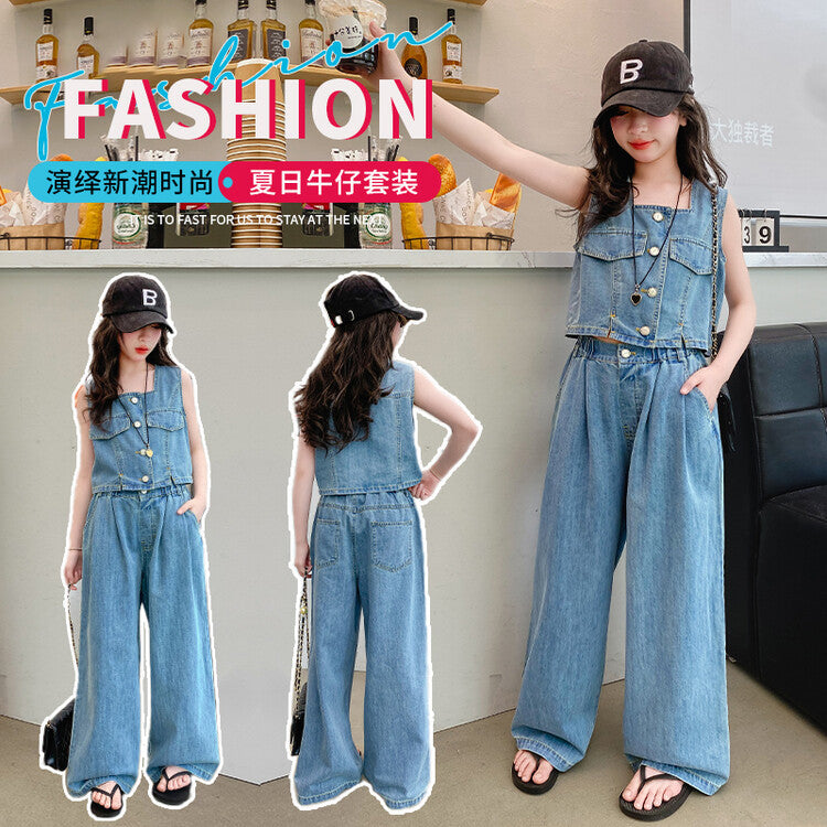 A girls denim suit new summer Korean version sleeveless short suspender high waist loose wide leg pants children's suit