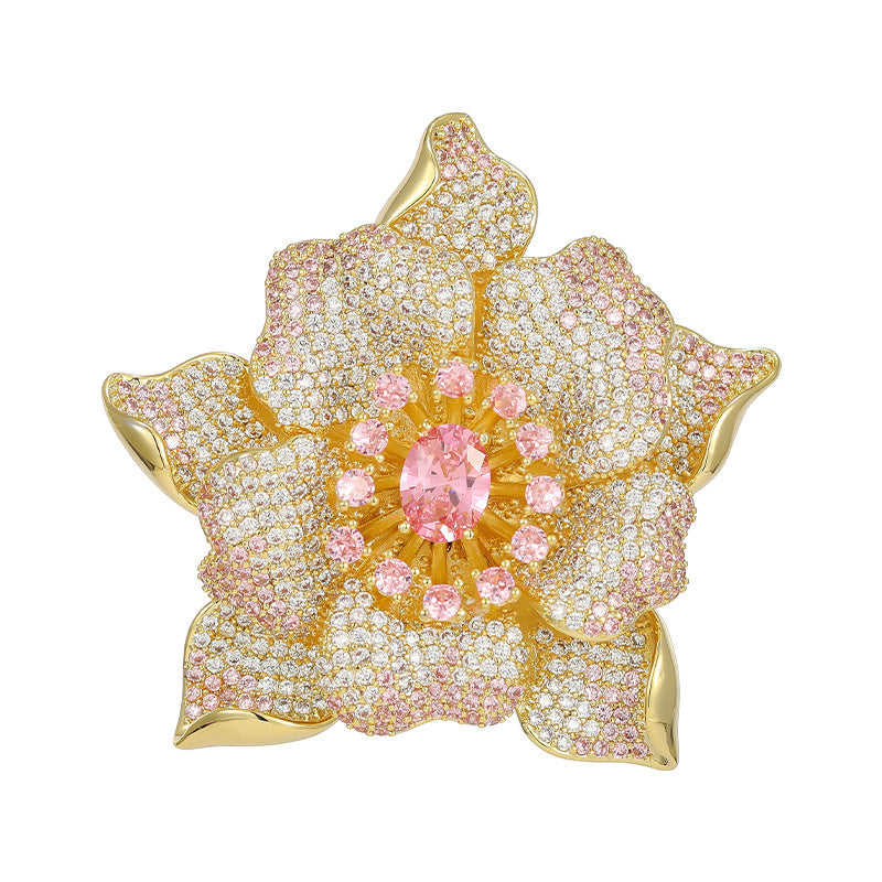 A European and American heavy industry high-end design light luxury full of zirconium micro-inlaid pink gemstone peony flower brooch fashionable versatile pin batch - Mixbatch