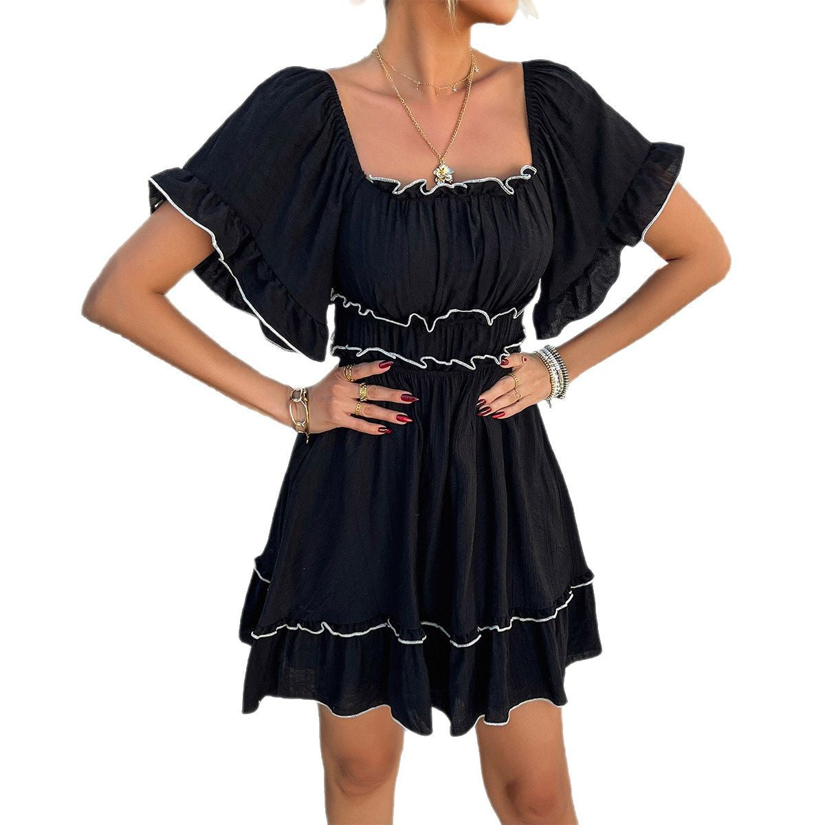 2025 spring and summer European and American leisure vacation style solid color fungus edge short-sleeved dress women's short skirt - Mixbatch