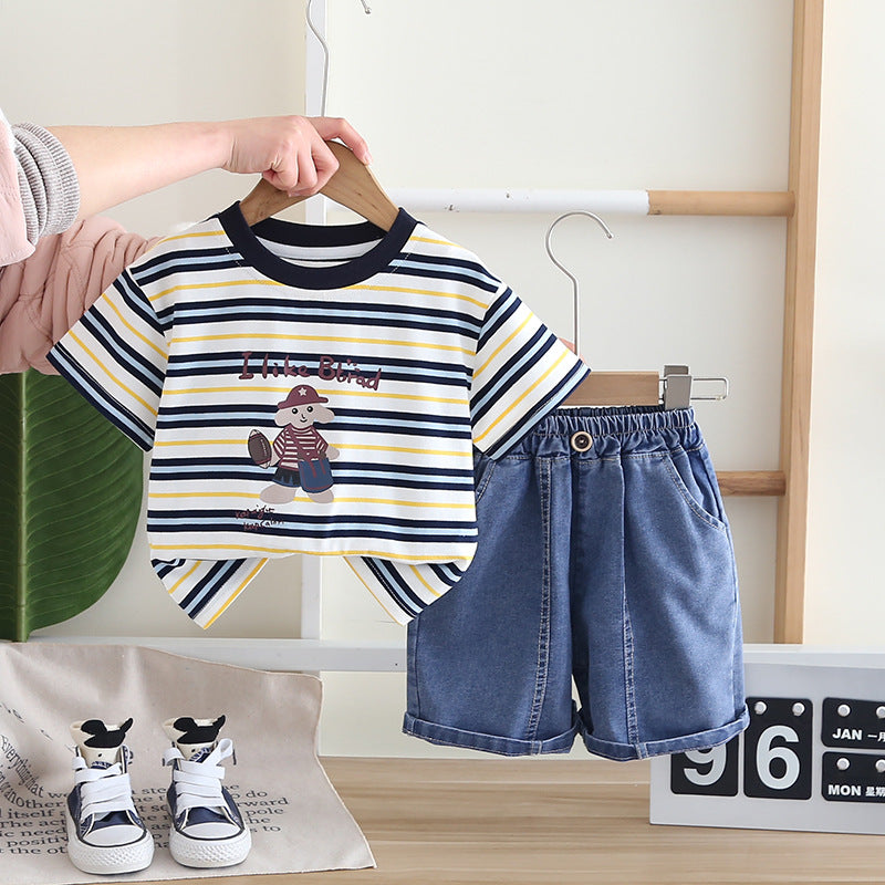 A Children's Summer Retro Color Coffee Striped Short Sleeve T-Shirt Boys and Girls Cartoon Crew Neck Half Sleeve Set