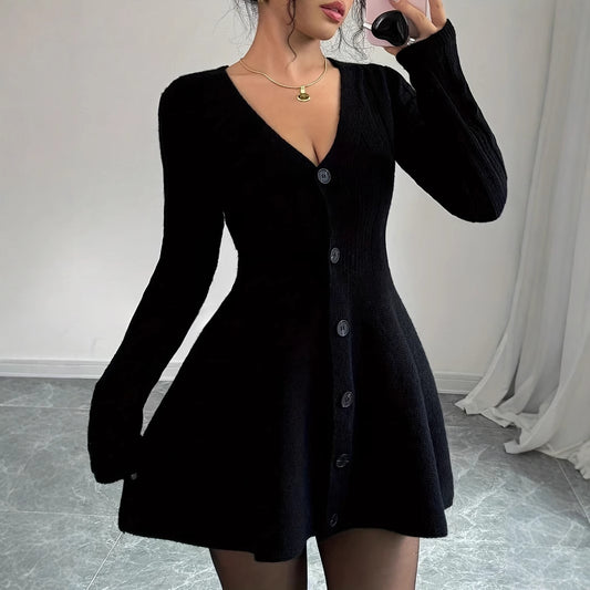 Black V-Neck Long Sleeve Button Knitted Dress Women - Mixbatch