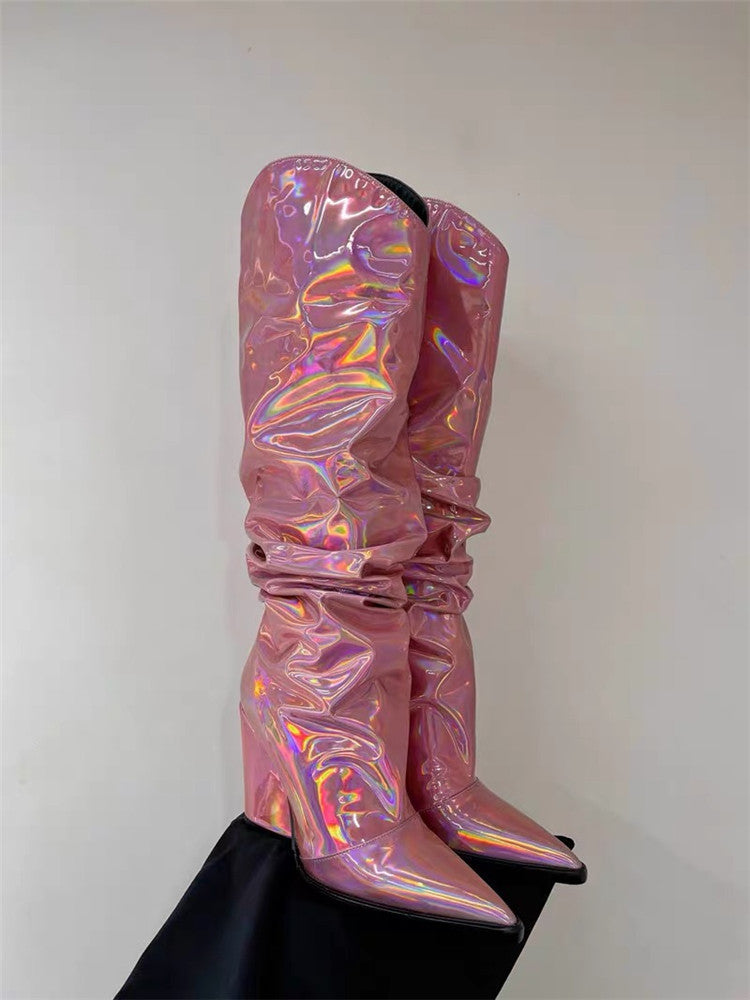 A European and American new thick heel pointed gold silver magic laser glossy pleated foreign trade cross-border large size long women's boots