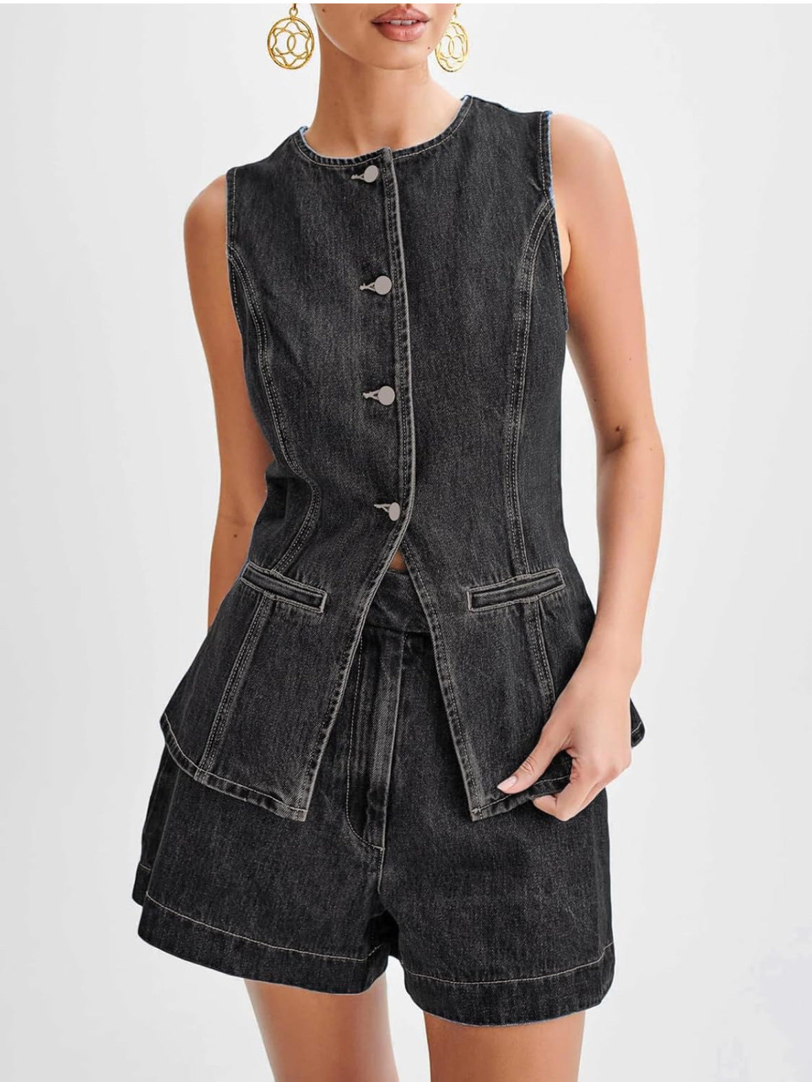 Summer Fashion Sleeveless Casual High Waist Denim Shorts Set - Mixbatch