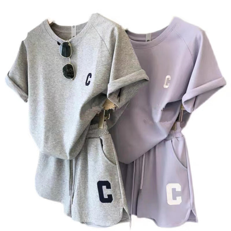 A women's summer set loose short-sleeved t-shirt casual shorts sports printing letter casual two-piece set