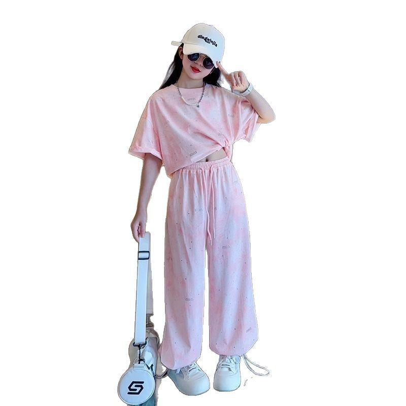 A girls' suit summer new middle-aged and older children's girls' summer wear short-sleeved t-shirt and trousers casual two-piece set foreign trade
