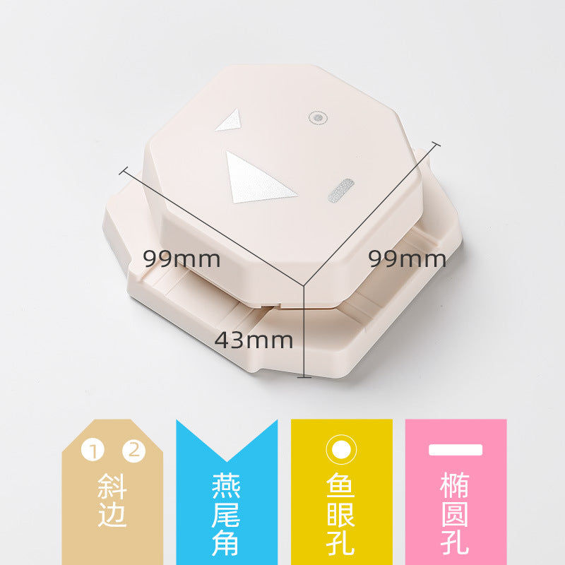 A 4-in-1 hole punch, embossing device, fillet embossing machine, binding label, hang tag DIY manual oval hole