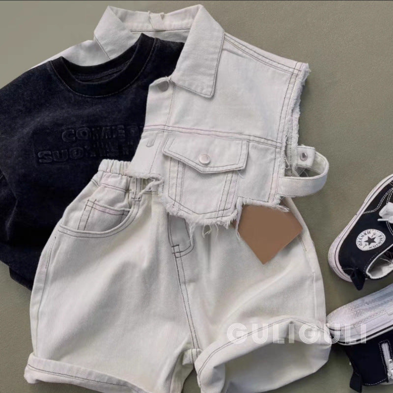 A boys summer denim suit ruffian handsome fried street fashionable loose children's denim shirt thin shorts two-piece set / three-piece set