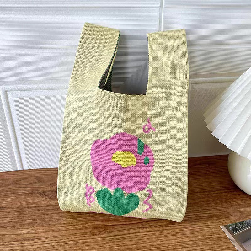 A Internet celebrity handbag women's knitted wool bucket bag Japanese and Korean version versatile hand carry casual tote bag box lunch bag y
