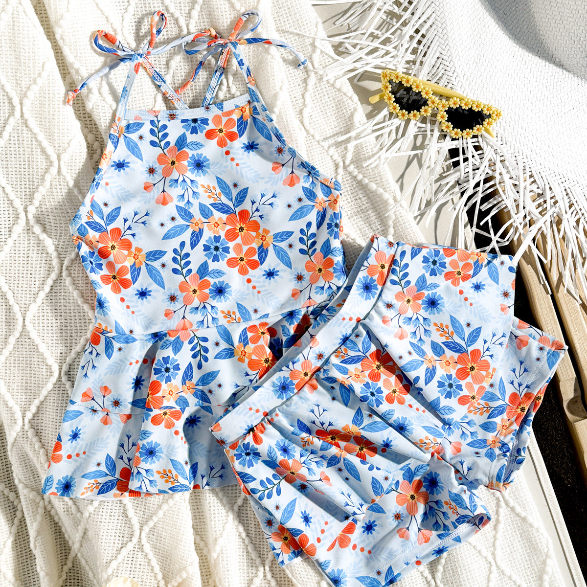 A European and American children's swimsuit girls split swimsuit printed lotus leaf edge skirt swimsuit 3Y-11Y adjustable shoulder strap swimsuit - Mixbatch