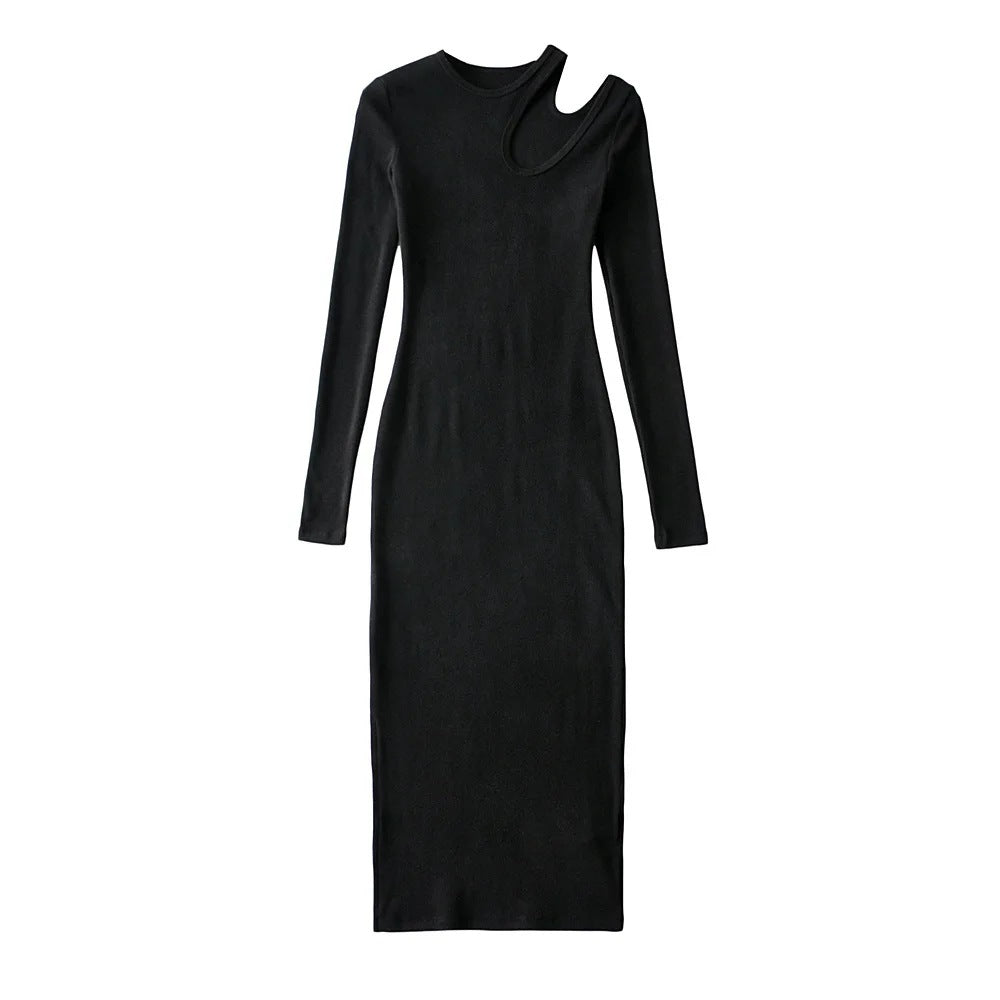 Spring tight sexy hollow off-the-shoulder split-ended long dress women's elastic slim-fit solid-color hip-wrapped dress - Mixbatch