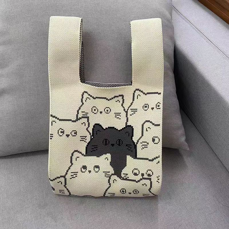 A Internet celebrity handbag women's knitted wool bucket bag Japanese and Korean version versatile hand carry casual tote bag box lunch bag y