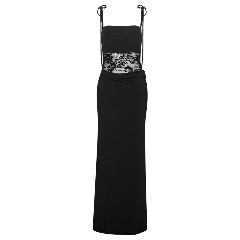 D078DS cross-border Europe, America and 2025 spring new dress long dress lace hollow splicing suspender backless sexy - Mixbatch