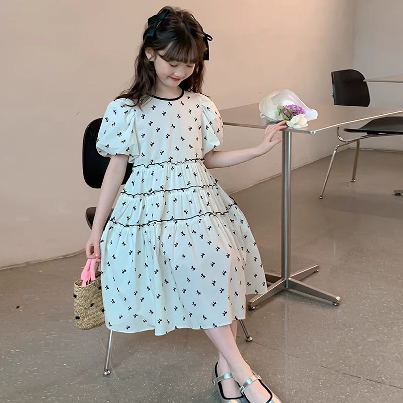 A children's dress summer new Korean version of foreign style princess dress girls middle and older children's bow bubble sleeve skirt tide